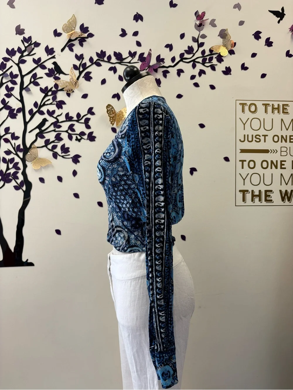 Free People Blue Paisley V-Neck Long Sleeve Top XS